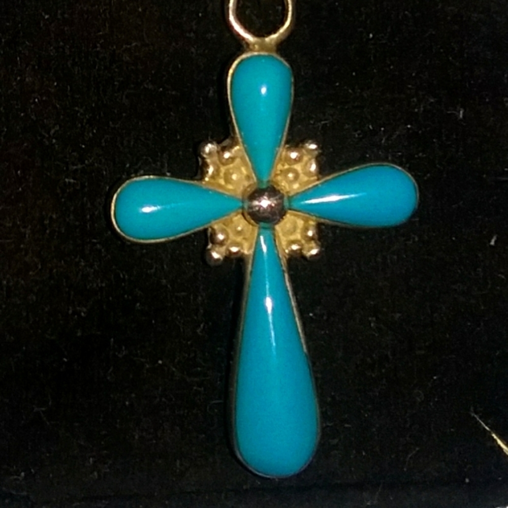 Platinum & .925 Stamped  Genuine  Turquoise Cross Of Faith Box Chain Beautiful